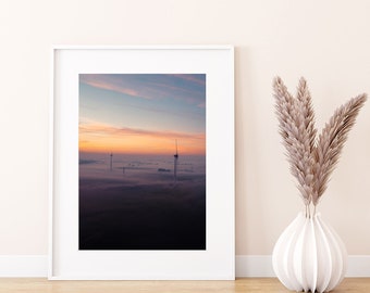 Misty Wind Turbines | Sunrise Wall Art, Aerial Photography Prints, Netherlands Print, Dutch Gifts, Home Wall Art Decor, Office Wall Art