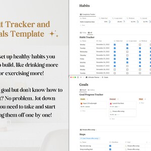 Pu&ograve; includere: Uno screenshot di uno schermo di computer che mostra un tracker delle abitudini e un modello per l'impostazione degli obiettivi. Il modello include un calendario, caselle di controllo e una barra di avanzamento. Il testo sullo schermo recita "Habit Tracker and Goals Template".