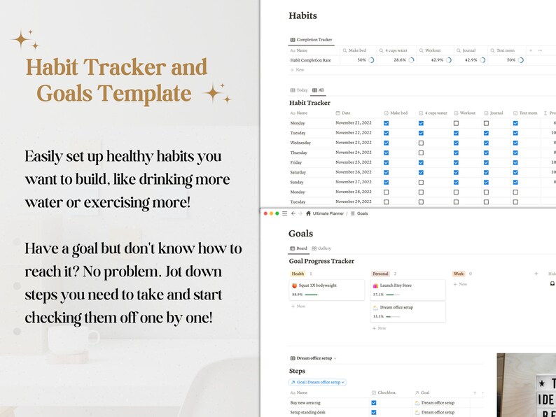 Pu&ograve; includere: Uno screenshot di uno schermo di computer che mostra un tracker delle abitudini e un modello per l'impostazione degli obiettivi. Il modello include un calendario, caselle di controllo e una barra di avanzamento. Il testo sullo schermo recita "Habit Tracker and Goals Template".