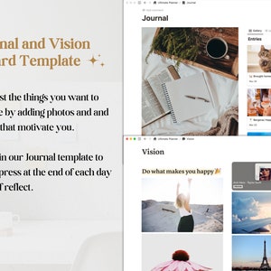 Pu&ograve; includere: Uno screenshot di un sito web con un modello di diario e vision board. Il sito web ha uno sfondo chiaro con testo dorato. Il testo dice "Diario e vision board". Il testo dice anche "Manifesta le cose che vuoi realizzare aggiungendo foto e citazioni che ti motivano." Il testo dice anche "Scrivi nel nostro modello di diario per decomprimere alla fine di ogni giorno e riflettere su te stesso."