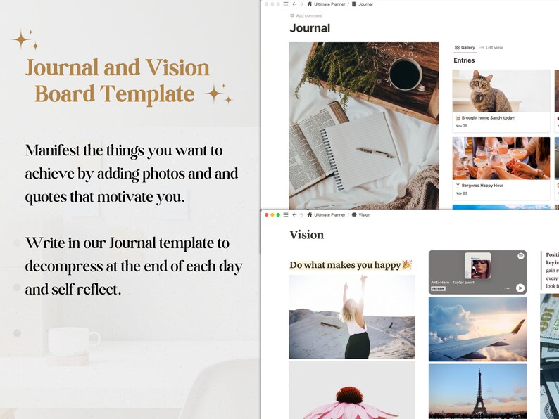 Pu&ograve; includere: Uno screenshot di un sito web con un modello di diario e vision board. Il sito web ha uno sfondo chiaro con testo dorato. Il testo dice "Diario e vision board". Il testo dice anche "Manifesta le cose che vuoi realizzare aggiungendo foto e citazioni che ti motivano." Il testo dice anche "Scrivi nel nostro modello di diario per decomprimere alla fine di ogni giorno e riflettere su te stesso."