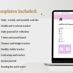 Pu&ograve; includere: Un computer portatile che mostra un'app di pianificazione digitale con il titolo "ADHD Life Planner". L'app presenta un menu di navigazione con categorie come "Diario", "Visione", "Finanze", "Abitudini", "Obiettivi", "Ricette", "Salute" e "Lista di lettura". L'app include anche una sezione "Weekly Hub" con un calendario e un elenco di eventi.