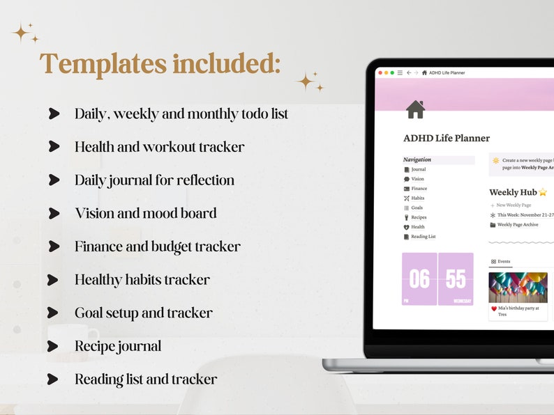 Pu&ograve; includere: Un computer portatile che mostra un'app di pianificazione digitale con il titolo "ADHD Life Planner". L'app presenta un menu di navigazione con categorie come "Diario", "Visione", "Finanze", "Abitudini", "Obiettivi", "Ricette", "Salute" e "Lista di lettura". L'app include anche una sezione "Weekly Hub" con un calendario e un elenco di eventi.