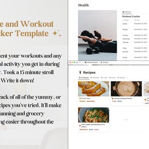 Pu&ograve; includere: Uno screenshot di un sito web con uno sfondo blu chiaro e un testo bianco sovrapposto. Il testo recita "Modello di tracciamento di ricette e allenamenti". Il sito web presenta una sezione per le ricette e una sezione per il tracciamento degli allenamenti. La sezione delle ricette mostra immagini di french toast, pur&egrave; di patate e biscotti al cioccolato. La sezione di tracciamento degli allenamenti mostra una tabella con i giorni della settimana e i tipi di allenamento.