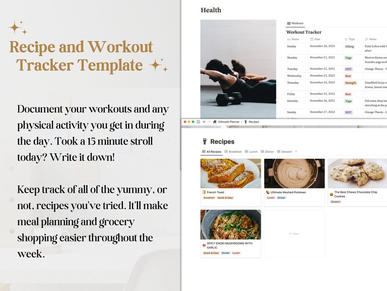 Pu&ograve; includere: Uno screenshot di un sito web con uno sfondo blu chiaro e un testo bianco sovrapposto. Il testo recita "Modello di tracciamento di ricette e allenamenti". Il sito web presenta una sezione per le ricette e una sezione per il tracciamento degli allenamenti. La sezione delle ricette mostra immagini di french toast, pur&egrave; di patate e biscotti al cioccolato. La sezione di tracciamento degli allenamenti mostra una tabella con i giorni della settimana e i tipi di allenamento.