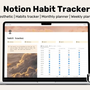 Notion habit tracker, notion template, notion monthly planner, notion aesthetic, weekly habit tracker, notion planner, notion dashboard
