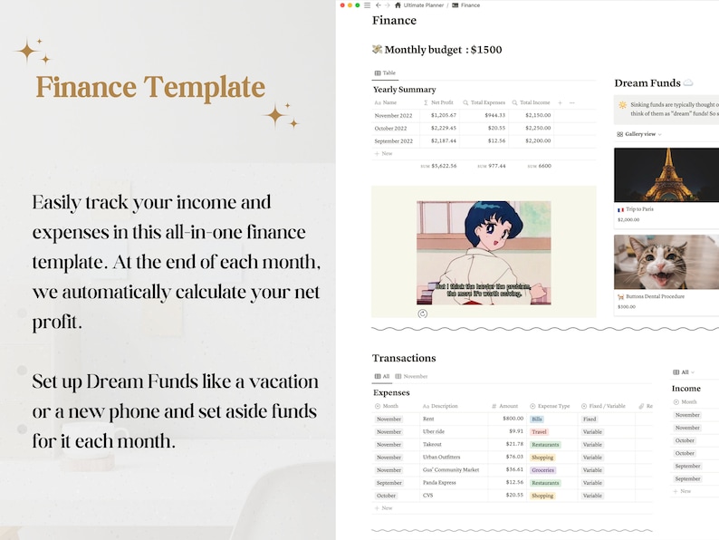 Pu&ograve; includere: Uno screenshot di un sito web di modello finanziario con uno sfondo verde chiaro. Il sito web ha una sezione per tenere traccia delle entrate e delle spese, una sezione per impostare fondi da sogno e una sezione per visualizzare le transazioni. Il sito web ha anche un budget mensile di 1.500 &euro;.