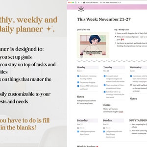 Pu&ograve; includere: Un planner settimanale con un'immagine colorata di un cartone animato di una ragazza con i capelli blu e un vestito rosa. Il planner &egrave; diviso in sezioni per ogni giorno della settimana, con spazio per appunti e compiti. Il planner include anche una sezione per gli obiettivi settimanali e i compiti in sospeso.