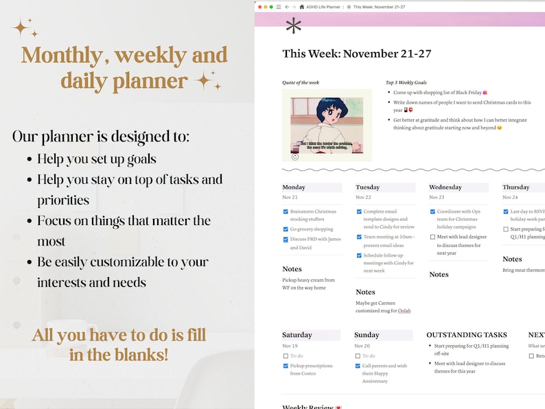 Pu&ograve; includere: Un planner settimanale con un'immagine colorata di un cartone animato di una ragazza con i capelli blu e un vestito rosa. Il planner &egrave; diviso in sezioni per ogni giorno della settimana, con spazio per appunti e compiti. Il planner include anche una sezione per gli obiettivi settimanali e i compiti in sospeso.