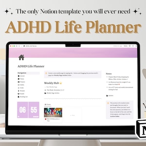 Pu&ograve; includere: Uno screenshot di un modello di pianificatore di vita ADHD Notion su un laptop. Il modello include un menu di navigazione, un hub settimanale e una sezione note. Il menu di navigazione include opzioni per diario, visione, finanze, salute e altro. L'hub settimanale include una nuova pagina settimanale, la pagina di questa settimana e l'archivio delle pagine settimanali. La sezione note include un elenco di attivit&agrave;, come "Preparare la lista della spesa per il Black Friday" e "Andare dal dentista". Il logo di Notion &egrave; visibile nell'angolo in basso a destra dello schermo.