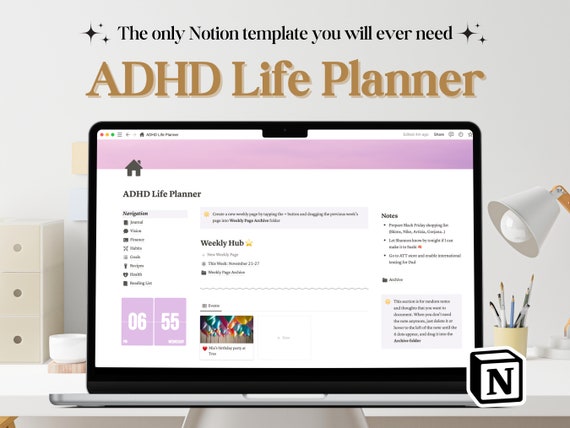 Notion ADHD planner, notion template, notion planner, adhd planner, notion life planner, notion template ADHD, ADHD digital planner