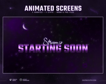 Celestial Purple Animated Stream Screen for Twitch, Kick, Youtube, OBS, Streamlabs | Galaxy Overlay, Glowing Dark Space, Stars and Moon