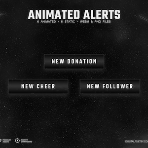 Alertas de transmissão animada de tema escuro para TWITCH | Streamlabs e StreamElements, alertas de stream do Twitch, falha tecnológica, preto e branco brilhante