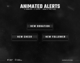 Dark Theme Animated Stream Alerts for TWITCH | Streamlabs and StreamElements, Twitch Stream Alerts, Tech Glitch, Glowing Black and White