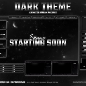 Dark Theme Animated Twitch Overlay | Kick, Youtube, OBS and StreamLabs | Celestial Starry Sky, Galaxy Stream Package, Black, Grey, White