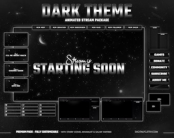 Dark Theme Animated Twitch Overlay | Kick, Youtube, OBS and StreamLabs | Celestial Starry Sky, Galaxy Stream Package, Black, Grey, White