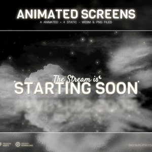 Cozy Night Animierter Stream Bildschirm für Twitch, Kick, Youtube, OBS, Streamlabs | Schwarz und Weiß, glühende Sternennacht, süße verträumte Ästhetik