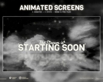 Cozy Night Animated Stream Screen for Twitch, Kick, Youtube, OBS, Streamlabs | Black and White, Glowing Starry Night, Cute Dreamy Aesthetic