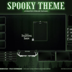 Green Spooky Theme Animated Twitch Overlay | Kick, Youtube, OBS and StreamLabs | Dark Rainy Forest, Halloween, Horror & Goth Stream Package