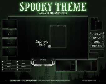 Superposición animada para Twitch con temática verde espeluznante / Kick, YouTube, OBS y StreamLabs / Paquete de transmisión de bosque lluvioso oscuro, Halloween, terror y gótico