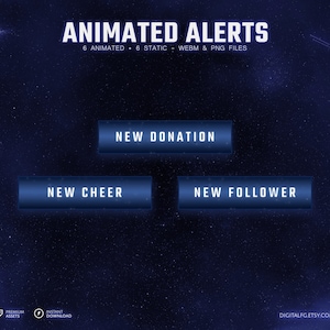 Celestial Blue Animated Stream Alerts for TWITCH | Streamlabs and StreamElements, Twitch Stream Alerts, Tech Glitch, Glowing Dark Blue