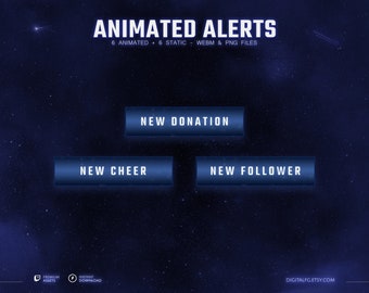 Celestial Blue Animated Stream Alerts for TWITCH | Streamlabs and StreamElements, Twitch Stream Alerts, Tech Glitch, Glowing Dark Blue