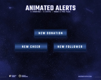 Celestial Blue Animated Stream Alerts for TWITCH | Streamlabs and StreamElements, Twitch Stream Alerts, Tech Glitch, Glowing Dark Blue
