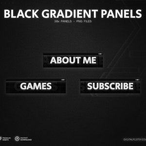 May include: A set of 38 black gradient panels with white text. The panels feature the words "About Me", "Subscribe", and "Games".