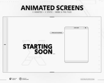 White Gradient Animated Stream Screens With Chat Box for Twitch, Kick, Youtube, OBS, Glitch Scenes, White and Black, Tech & Sci-fi Aesthetic