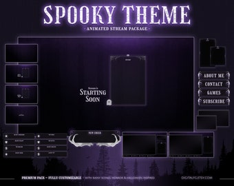 Superposición animada para Twitch con temática espeluznante morada / Kick, YouTube, OBS y StreamLabs / Paquete de transmisión de bosque lluvioso oscuro, Halloween, terror y gótico