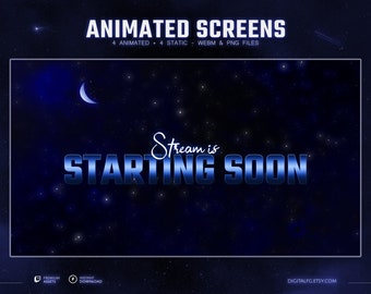 Celestial Blue Animated Stream Screens for Twitch, Kick, Youtube, OBS, Streamlabs | Galaxy Overlay, Dark Blue Space, Glowing Stars and Moon