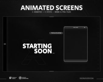 Black Gradient Animated Stream Screens With Chat Box for Twitch, Kick, Youtube, OBS, Glitch Scenes, Black and White, Tech & Sci-fi Aesthetic