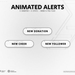 White Gradient Animated Stream Alerts for TWITCH | Streamlabs and StreamElements, Twitch Stream Alerts, Glitch Alerts, White & Black, Sci-fi
