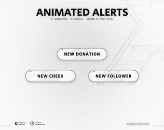 White Gradient Animated Stream Alerts for TWITCH | Streamlabs and StreamElements, Twitch Stream Alerts, Glitch Alerts, White & Black, Sci-fi