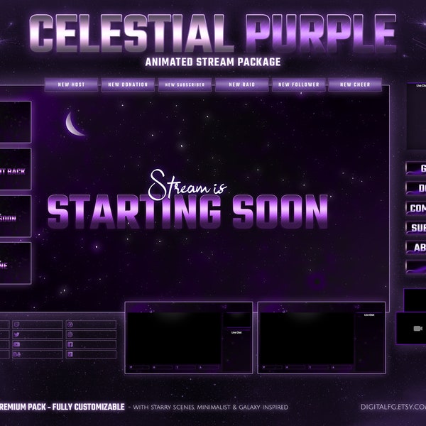 Celestial Purple Animated Twitch Overlay | Kick, Youtube, OBS and StreamLabs | Dark Starry Sky, Galaxy Stream Package, Vtuber Aesthetic