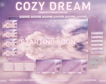 Cozy Dream Complete Twitch Overlay, Animated Screens, Panels, Alerts, Overlay Set, Cute Pink and Purple Streaming Package, Dreamy Aesthetic