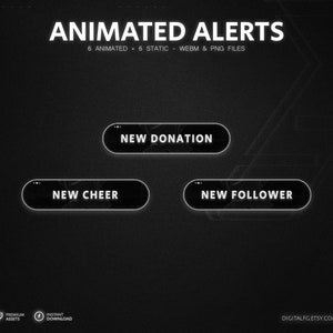 Alertas de transmissão animados em gradiente preto para TWITCH | Streamlabs e StreamElements, alertas de stream do Twitch, alertas de falhas, preto e branco, ficção científica