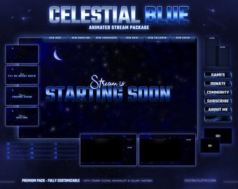 Celestial Blue Animated Twitch Overlay | Kick, Youtube, OBS and StreamLabs | Dark Blue, Starry Sky, Galaxy Stream Package, Vtuber Aesthetic