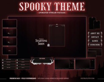 Superposición animada para Twitch con temática espeluznante roja / Kick, YouTube, OBS y StreamLabs / Paquete de transmisión de bosque lluvioso oscuro, Halloween, terror y gótico