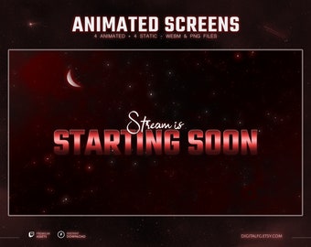 Red Theme Animated Stream Screens for Twitch, Kick, Youtube, OBS, Streamlabs | Galaxy Overlay, Dark Red Space, Glowing Stars and Moon