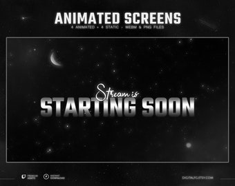 Dark Theme Animierte Stream Screens für Twitch, Kick, Youtube, OBS | Galaxy Overlay, Glühender Weltraum, Sterne & Mond, Schwarz und Weiß, Ästhetik