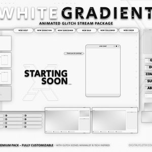 White Gradient Animated Twitch Overlay | Kick, Youtube, OBS and StreamLabs | Glitch Stream Package, Grey, White, Black, Minimalist Aesthetic