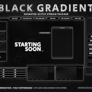 Sobreposição completa de Twitch com gradiente preto, telas animadas, painéis, alertas, conjunto de sobreposições, pacote de fluxo de falhas, preto e branco, estética