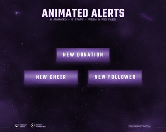 Celestial Purple Animated Stream Alerts for TWITCH | Streamlabs and StreamElements, Twitch Stream Alerts, Tech Glitch, Glowing Dark Purple