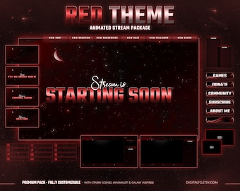 Red Theme Complete Twitch Overlay, Animated Screens, Panels, Alerts, Overlay Set, Stream Package, Celestial Starry Sky, Aesthetic, Galaxy