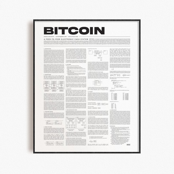 Poster minimaliste de livre blanc Bitcoin | Impression d'art crypto-monnaie | Décoration murale Blockchain Crypto Bitcoin | Décoration d'art murale contemporaine