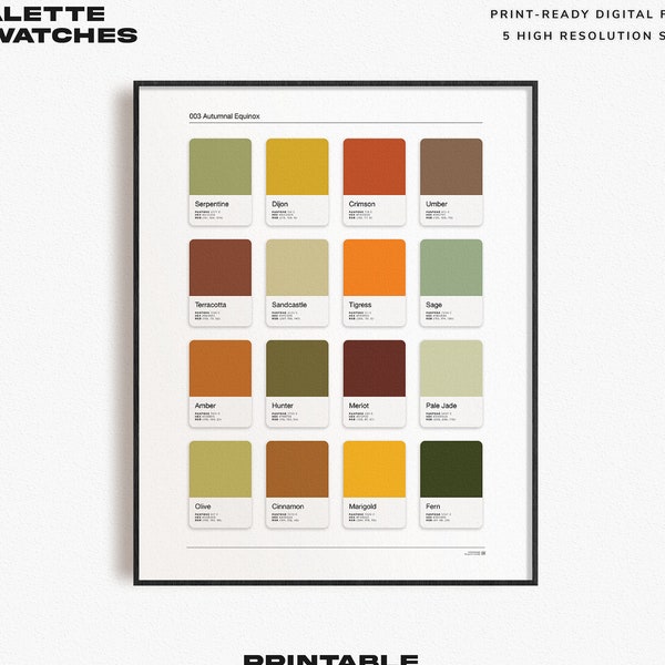 Impression d'échantillons de couleurs terreuses automnales | Palette d'équinoxe d'automne | Affiche minimaliste de palette de couleurs pour les designers et les artistes | Décoration instantanée imprimable