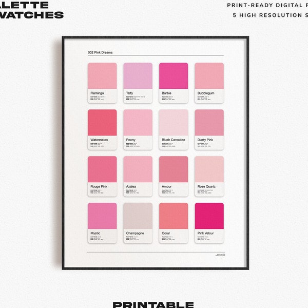 Impression d'échantillon de couleur rose | Palette Rêves roses | Affiche de palette de couleurs minimaliste pour les designers et les artistes | Décor imprimable, téléchargement immédiat