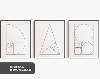 Golden Ratio Wall Art | Fibonacci Spiral Posters | 3-Pcs Modern Poster Set | Minimalist Line Art Geometric Posters | Instant Download Prints