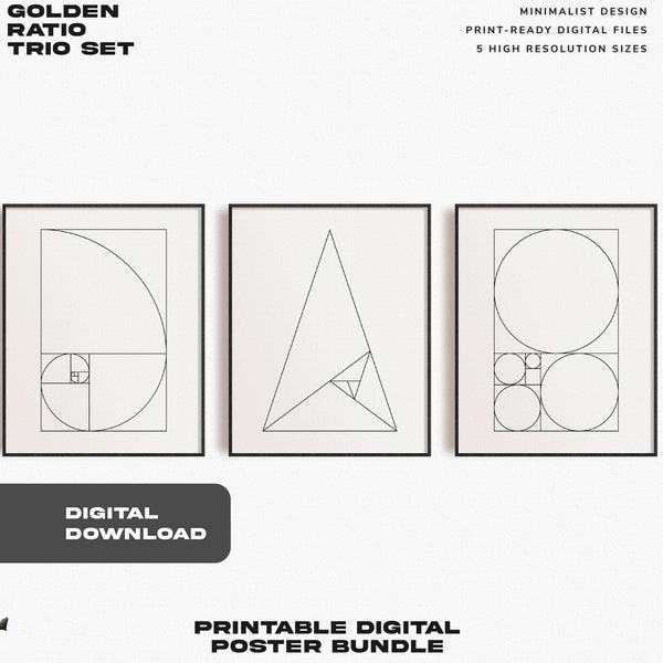 Golden Ratio Wall Art | Fibonacci Spiral Posters | 3-Pcs Modern Poster Set | Minimalist Line Art Geometric Posters | Instant Download Prints
